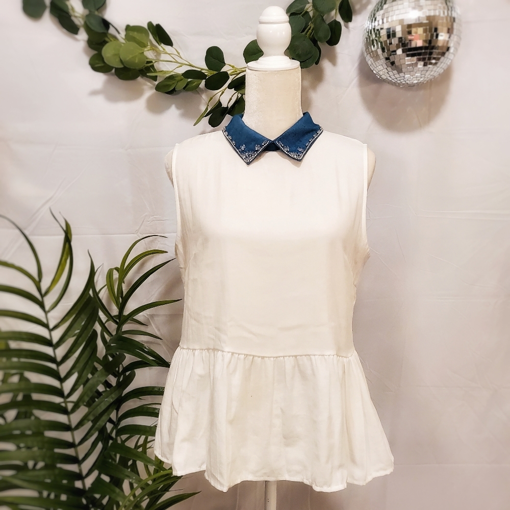 NWOT Rhinestone Denim Collared Peplum Top
